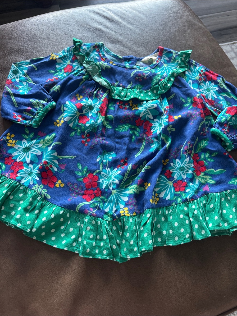 Matilda Jane Blue Floral Dress with Green Polka Dot Ruffle
